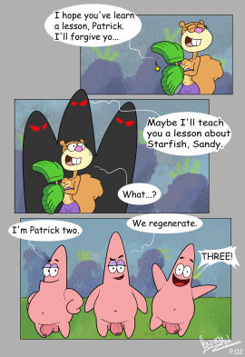 1girls 3boys anthro breasts brown_fur businessman_(artist) comic dialogue female fluffy_tail furry gloves grass looking_at_viewer male mammal multiple_boys multiple_males nickelodeon nude nude_male open_mouth page_2 page_number patrick_star penis red_eyes rodent sandy_cheeks spongebob_squarepants squirrel starfish tail tree_squirrel