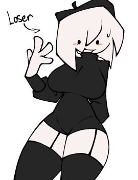 barrette big_breasts english_text hat loser_(phrase) malcom_(missaliasalias) meme missaliasalias simple_eyes thick_thighs thighhighs white_hair white_skin