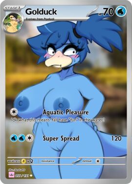 1girls 2024 anthro anthro_only anthrofied areola big_breasts black_pupils blue_hair blue_skin blush breasts card card_(medium) collarbone duck eyebrows eyelashes female furry generation_1_pokemon genitals golduck hair hands_on_hips i_am_kat95 iamkat95 nintendo nipples nonsexual nonsexual_nudity nude nude_female pokemon pokemon_(species) pokemon_card pokemon_tcg ponytail pussy short_hair solo sweat sweatdrop tail thick_thighs trading_card wide_hips