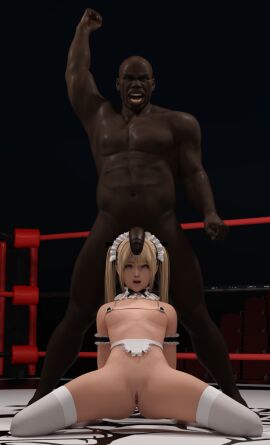 1boy 1girls 3d blonde_female blonde_hair breasts cosplay dark-skinned_male dark_skin daz_studio dead_or_alive female fit fit_female maid maid_bikini maid_headdress maid_outfit male marie_rose penis penis_on_face pin3d skinny small_breasts tagme