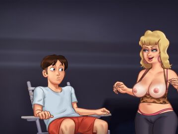 1boy 1girls 2d 2d_(artwork) areolae big_breasts blonde_hair blue_eyes bra breasts breasts_out brown_hair cameltoe cleavage clothed clothing crystal_(summertime_saga) darkcookie digital_drawing_(artwork) digital_media_(artwork) duo earrings female female_focus horny horny_female light-skinned_female light-skinned_male light_skin long_hair main_character_(summertime_saga) male male/female medium_breasts milf nipples panties pants presenting presenting_breasts pussy pussy_lips showing_breasts sitting smile smiling smirk smirking summertime_saga surprised surprised_expression tanline tanlines underwear vagina