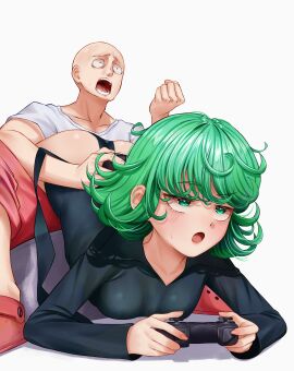 1boy 1girls arched_back ass ass_up bald controller couple curly_hair female gamer_girl gaming green_eyes green_hair male one-punch_man open_mouth playing_videogame playstation saitama shocked shocked_expression tatsumaki video_games wholesome