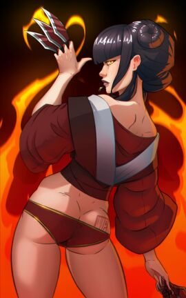 amber_eyes artist_request ass ass_focus avatar_the_last_airbender back_view bare_shoulders bubble_butt butt butt_crack clothed clothes double_bun fat_ass fire goth goth_girl gothic hairbun half-dressed half_naked knife mai_(avatar) noblewoman panties partially_clothed red_panties sidelocks swept_bangs tied_hair underwear undressed weapon wip work_in_progress