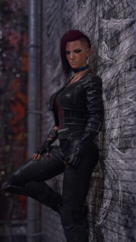 3d blender_(software) choker cyberpunk_2077 female leaning leather_jacket realistic solo_female v_(cyberpunk_2077) valerie_(cyberpunk_2077) vessel3d