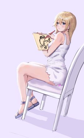 absurdres anal_insertion anal_masturbation awesomeerix blonde-haired_female blonde_hair chair dickbutt dildo dildo_chair dildo_in_ass dildo_reveal dildo_sitting drawing_(object) dress female highres holding holding_notepad kingdom_hearts kingdom_hearts_chain_of_memories meme namine no_panties notepad object_insertion open_toe_shoes pencil sandals sex_toy short_dress simple_background sitting solo
