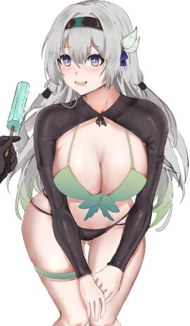 1girls 1other absurdres ambiguous_gender bikini black_bikini black_gloves black_hairband drooling female firefly_(honkai:_star_rail) food gloves grey_hair hair_between_eyes hair_ornament hair_ribbon hairband highres holding holding_food holding_popsicle honkai:_star_rail honkai_(series) ice_cream kagurachi knees_together_feet_apart multicolored_eyes popsicle ribbon string_bikini swimsuit thigh_strap two-tone_eyes