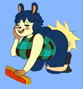 2017 animal_crossing anthro ass bent_over big_ass big_breasts big_butt black_clothing black_nose black_shirt black_t-shirt black_topwear blonde_hair blue_background blue_body blue_ears blue_fur blue_hair blue_tail blush bottomless breasts brown_body brown_clothing brown_fur brown_topwear brown_vest buckteeth closed_eyes clothed clothing cunnilingus digital_media_(artwork) duo female female_focus fur green_clothing green_topwear green_vest hair hand_on_face hand_on_leg hand_on_own_face human lagomorph leg_grab leporid looking_pleasured male male/female mammal multicolored_body multicolored_clothing multicolored_fur multicolored_topwear multicolored_vest nintendo oral partially_clothed pippy_(animal_crossing) pussy rabbit roccorox scut_tail sex shirt short_tail simple_background solo_focus t-shirt tail tan_body tan_ears tan_skin teeth thick_thighs three-quarter_view tongue topwear vaginal_penetration vest yellow_body yellow_fur