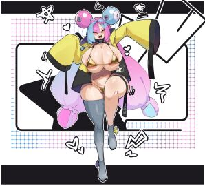 1girls ^_^ areola_bulge areolae asymmetrical_legwear blue_hair blush breasts busty cameltoe cleavage closed_eyes closed_eyes_smile crr001 eyebrows_visible_through_hair female female_only game_freak gold_bikini golden_week golden_week_bikini huge_breasts iono_(pokemon) light-skinned_female light_skin magnemite_hair_clips multicolored_hair navel nintendo open_mouth panties pink_hair pokemon pokemon_sv pussy rr001c sharp_teeth skimpy_clothes skindentation smile solo split-color_hair thick_thighs thighhighs tied_hair two-tone_hair voluptuous