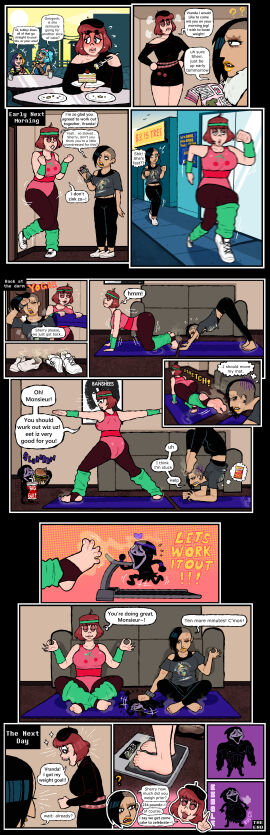 1boy 2girls blarf022 blarf_(blarf022) cake comic dialogue english_text feet female foot_fetish foot_focus footprint french_accent human jogging leg_warmers male musk musk_fetish musky_feet running scale sherry_bear_(blarf022) smell_fetish smelly smelly_feet smelly_shoes stinky_feet stirrup_legwear treadmill vranda_von_bat_(blarf022) workout workout_clothes yoga