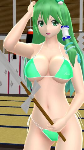 1girls 2023 3d adult_female belly_button bikini breasts clavicle cleavage female frog_hair_ornament gohei green-haired_female green_bikini green_eyes hand_on_head hati_yukkuri_mmd hips holding_object human indoors interior_background jpeg light-skinned_female light_skin long-haired_female looking_at_viewer mmd one_arm_up open_mouth sanae_kochiya shrine shrine_maiden snake_hair_ornament solo_female solo_focus swimsuit touhou waist