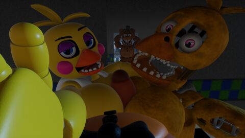 animatronic animatronic_female big_breasts double_paizuri five_nights_at_freddy's five_nights_at_freddy's_2 fnaf paizuri robot titjob toy_chica_(fnaf) toy_freddy_(fnaf) watching withered_chica withered_freddy yellow_body