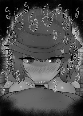 1boy 1girls :>= black_and_white blowjob blue_archive blush breasts censored dark-skinned_male dark_skin deepthroat detailed_background drooling eyelashes fellatio female hat heart human indoor inside interracial kurotama looking_at_viewer male male_pov oral oral_sex penis pov rabbit_squad_(blue_archive) room saki_(blue_archive) saliva shiny shiny_skin short_hair sketch sound_effects squatting srt_special_academy_student sweat text tongue tongue_out