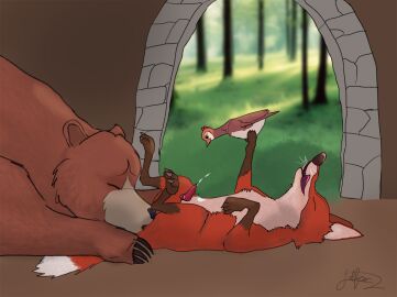 anal avian bear beardeddoggo bird brightbill_(the_wild_robot) canid canine dreamworks ejaculation feral fink_(the_wild_robot) folfar fox group lying lying_on_ground male male/male mammal on_back on_ground oral rimming sex the_wild_robot trio universal_pictures universal_studios