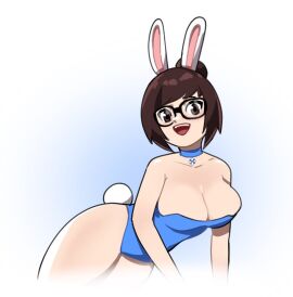 blizzard_entertainment blue_clothes brown_eyes brown_hair bunny_costume bunny_ears bunnysuit female glasses looking_at_viewer mei-ling_zhou mei_(overwatch) mei_ling_zhou overwatch overwatch_2 selvish94 smiling_at_viewer