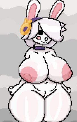 1girls anthro big_breasts black_eyes brawl_stars breasts bunny_ears colette_(brawl_stars) female female_only furry nipples pixel_art pussy solo white_body white_hair