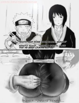 1boy 1girls ass big_ass blush breasts dialogue eating female fingers fingers_in_ass fisting gigantic_ass grabbing_from_behind groping_ass happy limpbizkit looking_at_another male monochrome naruto naruto_(classic) naruto_(series) ramen shizune small_breasts surprised thick_ass thick_thighs uzumaki_naruto younger_male