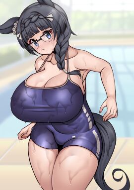 big_breasts blue_eyes braided_hair breasts cleavage collarbone curvaceous curvaceous_female curvy curvy_figure female horse_girl huge_breasts large_breasts light-skinned_female light_skin massive_breasts nantokan4black_hair one-piece_swimsuit pool school_swimsuit short_hair swimsuit swimwear thick_thighs tight_clothing umamusume umamusume_pretty_derby zenno_rob_roy_(umamusume)