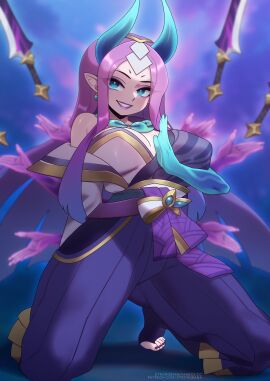 big_breasts big_thighs blue_eyes breasts feet female horn irelia_xan league_of_legends light-skinned_female light_skin lipstick looking_at_viewer purple_hair spirit_blossom_irelia spirit_blossom_series strongbana thick_thighs thighs
