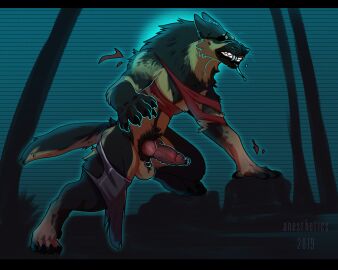 2019 4_toes 5:4 5_fingers anesthetics angry animal_genitalia animal_penis anthro arm_tuft artist_name balls balls_ring bared_teeth beau_(williamca) black_body black_claws black_fur black_nose black_pawpads bodily_fluids bottomwear canid canine canine_genitalia canine_penis canis cheek_tuft chin_tuft claws clothing crotch_tuft crouching destroyed_clothing digitigrade domestic_dog drooling ears_back elbow_tuft erection eye_patch eyewear facial_tuft feet finger_claws fingers fluffy fluffy_tail frenum_ladder frenum_piercing fur fur_growth genital_piercing genitals german_shepherd glowing growth hand_on_rock herding_dog hi_res human_to_anthro knot ladder_piercing letterbox light male mammal mane mid-transformation moonlight multicolored_body multicolored_fur muscular muscular_anthro muscular_male neck_tuft night outline outside pastoral_dog pawpads paws penis penis_piercing piercing pink_penis pivoted_ears plant prince_albert_piercing pubes saliva scrotum scrotum_piercing shaded shirt signature solo species_transformation tail tan_body tan_fur toe_claws toes topwear torn_bottomwear torn_clothing torn_shirt torn_topwear transformation tuft two-tone_body two-tone_fur were werecanid werecanine weredog whiskers