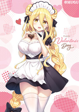 2d blonde_hair breasts chocolate cleavage date_a_live female female_only hoshimiya_mukuro light-skinned_female light_skin long_hair maid maid_headdress maid_uniform socks socks_(marking) solo solo_female thighs tsubasaki yellow_eyes