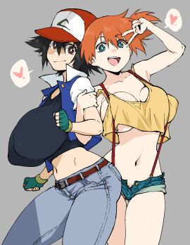 2girls ahemaru alternate_breast_size asymmetrical_hair black_hair blush breasts brown_eyes creatures_(company) curvy denim denim_shorts female female_only game_freak gen_1_pokemon green_eyes green_shorts gym_leader hair_tie heart henriiku_(ahemaru) highres huge_breasts human kasumi_(pokemon) large_breasts legs multiple_females multiple_girls navel nintendo orange_hair pokemon pokemon_(anime) pokemon_(classic_anime) pokemon_journeys ponytail rule_63 satoshi_(pokemon) shirt short_hair short_shorts shorts side_ponytail simple_background smile suspender_shorts suspenders tank_top thick_thighs thighs yellow_shirt
