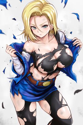 alternate_version_available android_18 black_shirt blonde_hair blue_eyes blue_shorts breasts closed_mouth commentary_request dragon_ball dragon_ball_z earrings female jewelry large_breasts looking_at_viewer r-binon shirt shorts solo standing torn_clothes