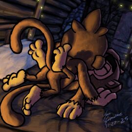 1:1 absurd_res anal anal_sex anthro ass bed benjamin_(bloons) bloons_tower_defense bodily_fluids brick_wall brown_body brown_fur cabinet duo feet fur furniture grabbing_sheets haplorhine hi_res lights log_cabin male male/male mammal monkey night ninja_kiwi nude on_top_of_another penetration pillow plant primate quincy_(bloons) sean_serpentine sweat sweaty_feet tail tree wall_(structure)