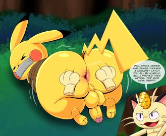 angry anus ash's_pikachu ass balls big_ass big_butt bondage bound dialogue duct_tape duct_tape_gag duo forest gag generation_1_pokemon genitals hand_on_ass hand_on_butt hi_res looking_back male male/male meowth meowth_(team_rocket) nintendo onomatopoeia panel_skew penis pikachu plant pokemon pokemon_(species) questionable_consent restraints rope rope_bondage semi-anthro sound_effects spread_anus spreading tape team_rocket tepigfan101 text tree