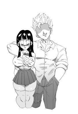 1boy 1girls big_breasts black_hair blonde_hair blush breasts chichi closed_eyes dragon_ball dragon_ball_z edit edited female funsexydragonball grope groping groping_breast groping_breasts implied_invitation incest line_art male milf monochrome mother_and_son nipple_bulge school_uniform schoolboy schoolgirl schoolgirl_uniform skirt son_gohan super_saiyan thighhighs thighs third-party_edit