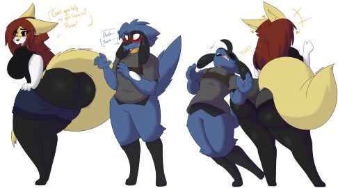 2021 3_toes 4_fingers 5_fingers anthro ass big_ass big_breasts big_butt black_body black_clothing black_eyes black_fur black_sclera black_shirt black_topwear blue_body blue_bottomwear blue_clothing blue_fur blue_hair blue_shorts blush bodily_fluids bottomless bottomless_male bottomwear braixen breasts bubble_ass bubble_butt butt_bump clothed clothing dart_(dewwydarts) dew_(dewwydartz) dewwydarts dewwydartz dialogue dressing duo emanata featureless_crotch feet female fingers fluffy fluffy_tail fur furry game_freak generation_4_pokemon generation_6_pokemon grey_bottomwear grey_clothing grey_shirt grey_shorts grey_topwear hair heart_symbol hi_res looking_back maddie_(dewwydarts) maddie_(dewwydartz) male male/female motion_lines multicolored_body multicolored_fur nervous nintendo pokemon pokemon_(species) pokémon_(species) rear_view red_hair riolu shirt shorts simple_background simple_eyes standing sweat tail thick_thighs toes topwear tripping two-tone_body two-tone_fur white_background white_body white_fur wide_hips yellow_body yellow_eyes yellow_fur