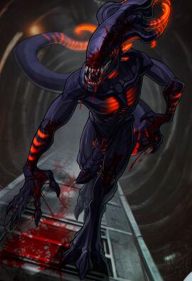 4_fingers alien alien_(franchise) bodily_fluids claws digital_drawing_(artwork) digital_media_(artwork) erection finger_claws fingers genital_fluids hi_res inside kalimah knot male male_only precum solo tail teeth varzek_(character) xenomorph