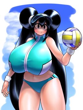 1girls armband bangs belly_button black_eyes black_hair blunt_bangs blush breasts clouds cyan_clothing female hair_buns harashima_rojami holding_volleyball huge_breasts kumahoihoi long_hair outdoors panties parted_bangs pouty_lips sportswear stripes sweat thighs visor volleyball volleyball_(ball) zipper