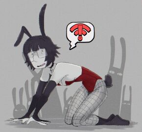 black_hair bunny_ears bunny_girl bunny_girl_suit bunny_tail bunnysuit clothing female female_focus female_only glasses grey_skin original original_character short_hair skinny skinny_female thick_thighs thigh_highs zzzilart