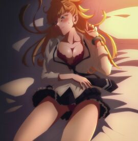 alluring blonde-haired_female blonde_eyebrows blonde_female blonde_hair blue_eyes blush bra eyebrows_visible_through_hair female imminent_sex implied_sex kekkon_yubiwa_monogatari krystal_novaty_nokanatika laying_on_bed long_hair looking_away open_clothes panties purple_bra purple_panties purple_underwear seducing seduction seductive seductive_body seductive_look shiny_skin skirt underwear uniform voluptuous voluptuous_female