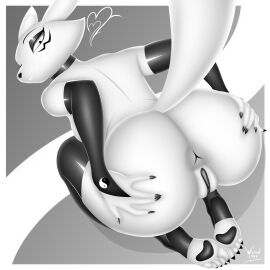 1:1 absurd_res anthro armwear ass ass_focus ass_grab bandai_namco big_ass breasts clothing digimon digimon_(species) female genitals hi_res makeup monochrome nude nude_female paws renamon solo tail vulva wizard1997