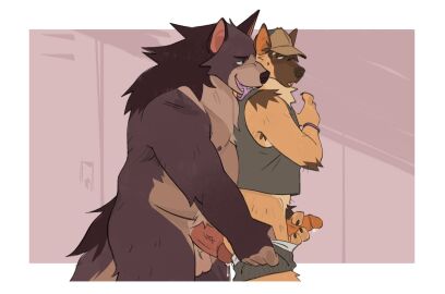 2024 anthro anthro_only armpit_hair balls baseball_cap bodily_fluids body_hair bottomwear canid canine canis clothing domestic_dog duo erection genital_fluids genitals glans handjob hat headgear headwear hi_res humanoid_genitalia licking looking_at_another male male/male mammal nipples nude overweight overweight_anthro overweight_male penile penis precum pubes reach_around remi_(remulle) remulle_(artist) sex shirt tank_top tongue topwear toroid