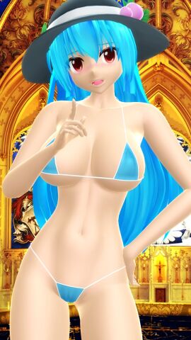 1girls 2025 3d angel belly_button bikini blue-haired_female blush breasts cleavage female hat hati_yukkuri_mmd headwear hips interior_background light-skinned_female light_blue_bikini light_blue_hair light_skin long-haired_female looking_at_viewer mmd open_mouth peach_(fruit) red-eyed_female shy skimpy_bikini solo_female solo_focus swimsuit tenshi_hinanawi touhou waist