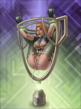 bondage bottomless bound breasts collar disney disney_channel female female_only femsub ginger hairless_pussy high-heeled_jill high_heels kim_possible kimberly_ann_possible large_breasts leather_collar legs_up light-skinned_female light_skin living_trophy nipple_piercing nipple_rings nipples piercing pussy pussy_juice restrained solo stationary_restraints steel_bondage torn_clothes white_female