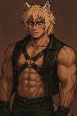 abs bara blake_howell blake_howell_(utau) blonde_hair blue_eyes dominant dominant_male gay glasses harness humanoid kemonomimi leather leather_clothing leather_harness leather_vest male male_only moobs muscular muscular_arms muscular_male muscular_pecs pecs utau vest wolf_ears wolf_tail yaoi