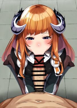 1boy :>= absurdres arknights bagpipe_(arknights) bar_censor blush censored clothed_female_nude_male dress fellatio female hair_ribbon highres horns male_pubic_hair nude oral orange_hair pantyhose penis pubic_hair purple_eyes ribbon sitting solo_focus tenken_(gotannda) wariza