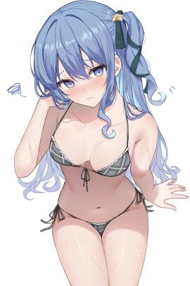 1girls bare_skin bikini blue_hair breasts coha350 female hololive hololive_gen_0 hololive_japan hoshimachi_suisei looking_at_viewer shy small_breasts solo swimsuit tagme virtual_youtuber