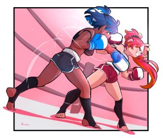 2girls amazu_(kurozu) aoi_(amazu) ass bare_shoulders black_shorts black_socks blue_boxing_gloves blue_gloves blue_hair boxing boxing_gloves boxing_ring catfight clenched_teeth closed_eyes dark-skinned_female dark_skin dolphin_shorts duo female female_only fight fighting_ring highres in_the_face kickboxing kneehighs light-skinned_female light_skin long_hair mari_(amazu) multicolored_hair multiple_females multiple_girls no_shoes orange_hair original ponytail punching red_boxing_gloves red_gloves red_hair red_shorts short_shorts shorts sin_amazu socks soles standing stirrup_legwear streaked_hair teeth toeless_legwear very_long_hair