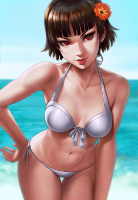 1girls absurd_res absurdres atlus bangs beach bikini blue_sky breasts brown-haired_female brown_hair crown_braid dandon_fuga female female_focus female_only flower flower_in_hair hi_res highres light-skinned_female light_skin makoto_niijima medium_breasts medium_hair megami_tensei ocean persona persona_5 public red-eyed_female red_eyes sega short-haired_female short_hair smile solo solo_female solo_focus third-party_edit