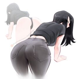 1girls ass bent_over big_ass black_crop_top black_hair black_panties black_thong blush clothed clothing crop_top curvaceous female female_only hair_over_one_eye jeans light-skinned_female light_skin long_hair looking_at_viewer looking_back looking_back_at_viewer nila_(telepurte) panties rear_view solo solo_female tagme telepurte thong