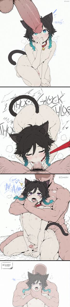 2boys anal anal_tail animal_ears aqua_hair bangs bell black_hair blue_hair blush braid cat_boy cat_ears cat_tail closed_eyes collar comic cum cum_in_mouth deepthroat english_text fellatio femboy feminine_male feminization genshin_impact gradient_hair heart korean_text male male_focus male_only male_pubic_hair multicolored_hair multiple_boys neck_bell nipples nude open_mouth oral otoko_no_ko penis pubic_hair purple_eyes sex sex_from_behind side_braids simple_background sissy sweat tail testicles tongue tongue_out trap twin_braids twink venti_(genshin_impact) white_background yaoi