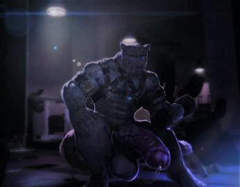 accessory animal_genitalia animal_penis anthro balls big_balls big_penis black_harness blue_eyes bodily_fluids cock_ring crouching dripping dust_yang equine_genitalia equine_penis fangs felid fur genital_fluids genitals grey_balls grey_body grey_fur grey_nipples harness hi_res huge_balls huge_cock inside jewelry licking licking_lips licking_own_lips looking_at_viewer male male_anthro mammal muscular muscular_anthro muscular_male nipples nude penis penis_accessory penis_jewelry precum precum_drip solo teeth tongue tongue_out