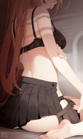 1girls back bare_arms barefoot black_bra black_panties black_skirt black_underwear bra breasts brown_hair deyui female female_only fingernails hololive hololive_english hololive_english_-council- hololive_english_-promise- lace-trimmed_bra lace-trimmed_panties long_hair medium_breasts nanashi_mumei nanashi_mumei_(4th_costume) panties sitting skirt solo underwear virtual_youtuber