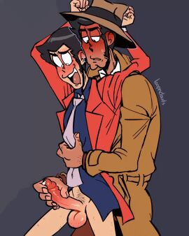 2boys 2d 2d_animation animated arsene_lupin_iii balls bara blush bottomless_male clothing cum cum_drip cum_dripping_from_penis cumshot dominant dominant_male domination erection feet_out_of_frame foreskin foreskin_folds gay gay_domination genital_fluids handjob hat inspector_zenigata koichi_zenigata loopndoods lupin_iii male male/male male_only masturbating_other masturbation muscular muscular_male necktie orgasm orgasm_face orgasm_from_handjob pants_removed penis pleasure_face retracted_foreskin skinny standing_sex stroking_cock sweating uncircumcised yaoi