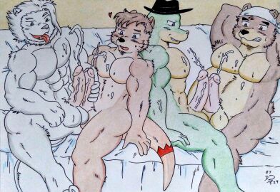 5_fingers abs albino_(seaborn) anthro armpit_hair armpit_tuft athletic athletic_anthro athletic_male balls bandana bandanna_only bara bear belly biceps big_balls big_belly big_muscles big_pecs black_eyebrows black_nose blue_eyes blush blush_lines bodily_fluids body_hair brown_body brown_eyes brown_fur brown_hair clothing cum cum_drip cum_on_belly cum_on_body cum_on_chest cumshot dashthefox dripping ejaculation erection eyebrows felid fingers frottage fur furniture genital_fluids genitals green_body green_eyes group hair hands_behind_head hat hat_only headgear headgear_only headwear headwear_only heart_symbol hi_res humanoid_genitalia humanoid_penis kai_(dash_fox) kemono kerchief kerchief_only lion lizard male male/male mammal mane markings marteau masculine_male mostly_nude multicolored_body multicolored_fur muscles muscular muscular_anthro muscular_arms muscular_legs muscular_male mustelid nikel nude obliques open_mouth otter overweight overweight_anthro overweight_male pantherine pecs penile penis pink_penis purple_eyes reptile rubbing_penis scalie sex smile sofa sofa_sex sweat sweatdrop tail tail_markings teeth thick_eyebrows thick_penis thick_tail tongue tongue_out traditional_media_(artwork) tuft vein veiny_arms veiny_penis whiskers white_bandanna white_body white_fur white_kerchief yaoi