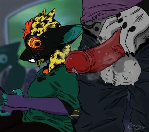 2d_(artwork) balls bystander clothed crownator digital_media_(artwork) flared_penis flustered fur furry furry_male furry_only hi_res holding_penis horns in_public large_balls large_penis looking_at_another male musk_clouds on_train onlookers penis precum_drip public_exposure public_nudity public_transportation red_penis red_skin surprised sweat sweatdrop sweaty_balls sweaty_genitalia twitching twitching_penis unspecific_species unzipped_pants